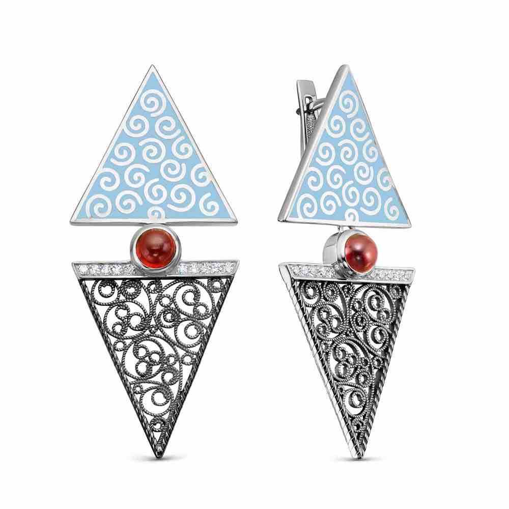 Серьги | Серебро 925 пробы | Фианит, Эмаль, Гранат 
