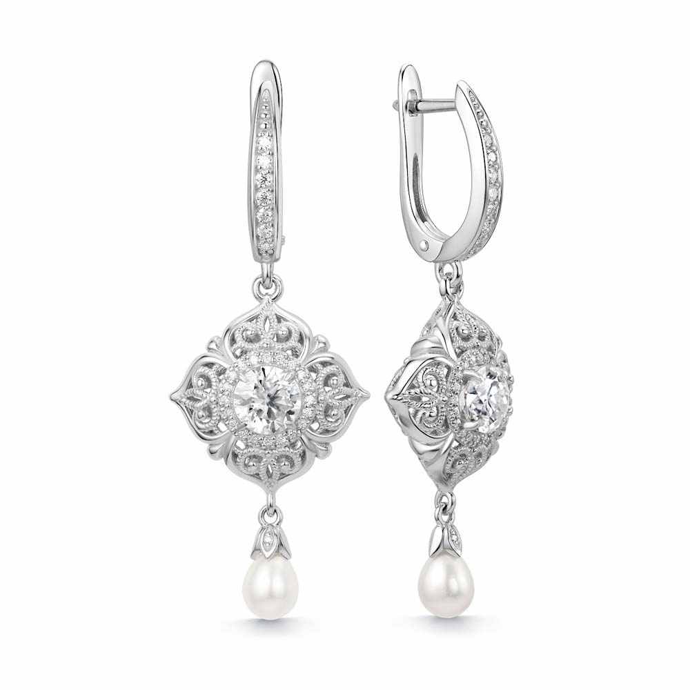 Серьги | Серебро 925 пробы | Бриллиант, Жемчуг 